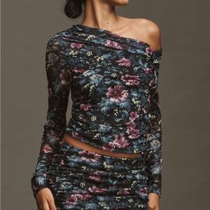 Anthropologie Floral Off-Shoulder Blouse - Black, Blue, Pink